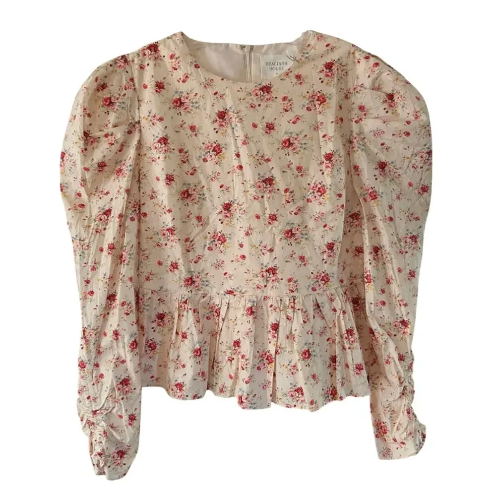 Tuckernuck Hyacinth House Ava Floral Peplum Blouse Medium Preppy Puff Sleeve Top